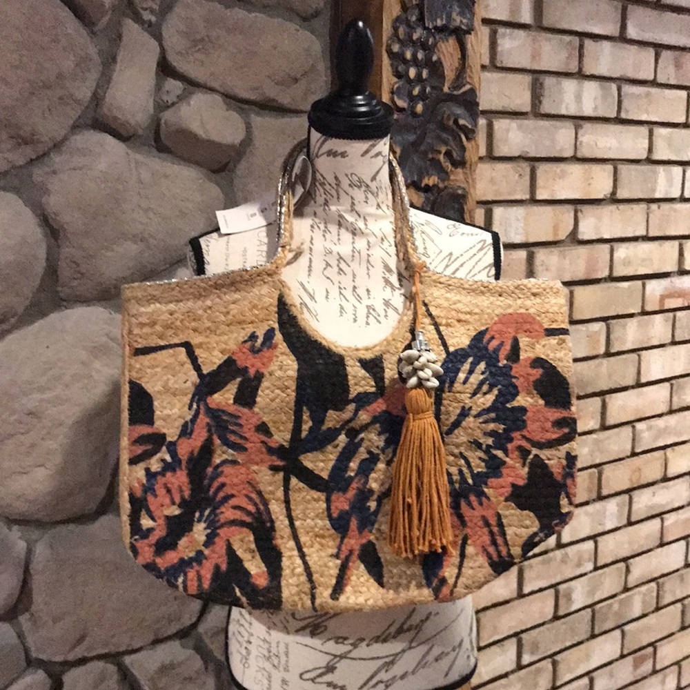 NWT Antik Kraft Floral Woven 19” Handbag with Tassel